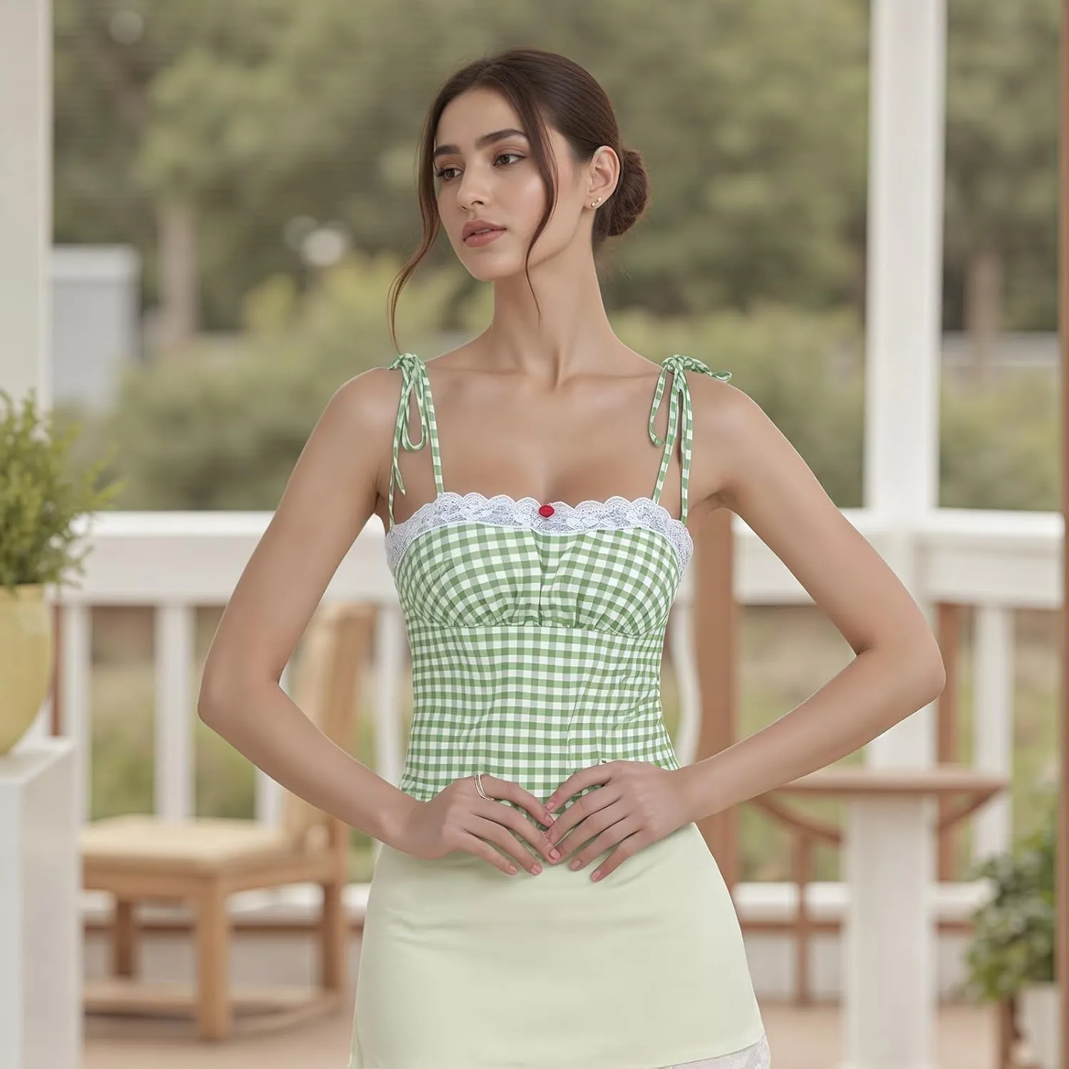 Women Y2k Plaid Tank Tops Tie Shoulder Lace Trim Cami Top Aesthetic Summer Going Out Camisoles