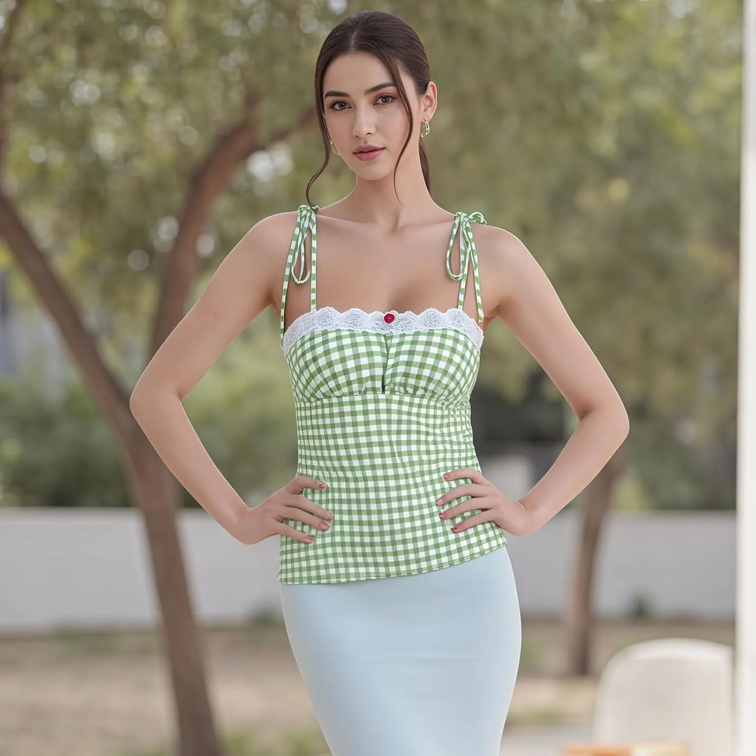 Women Y2k Plaid Tank Tops Tie Shoulder Lace Trim Cami Top Aesthetic Summer Going Out Camisoles
