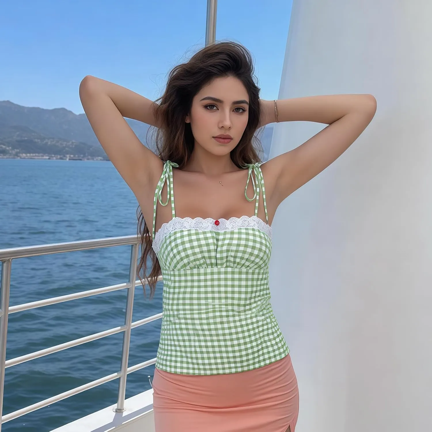 Women Y2k Plaid Tank Tops Tie Shoulder Lace Trim Cami Top Aesthetic Summer Going Out Camisoles