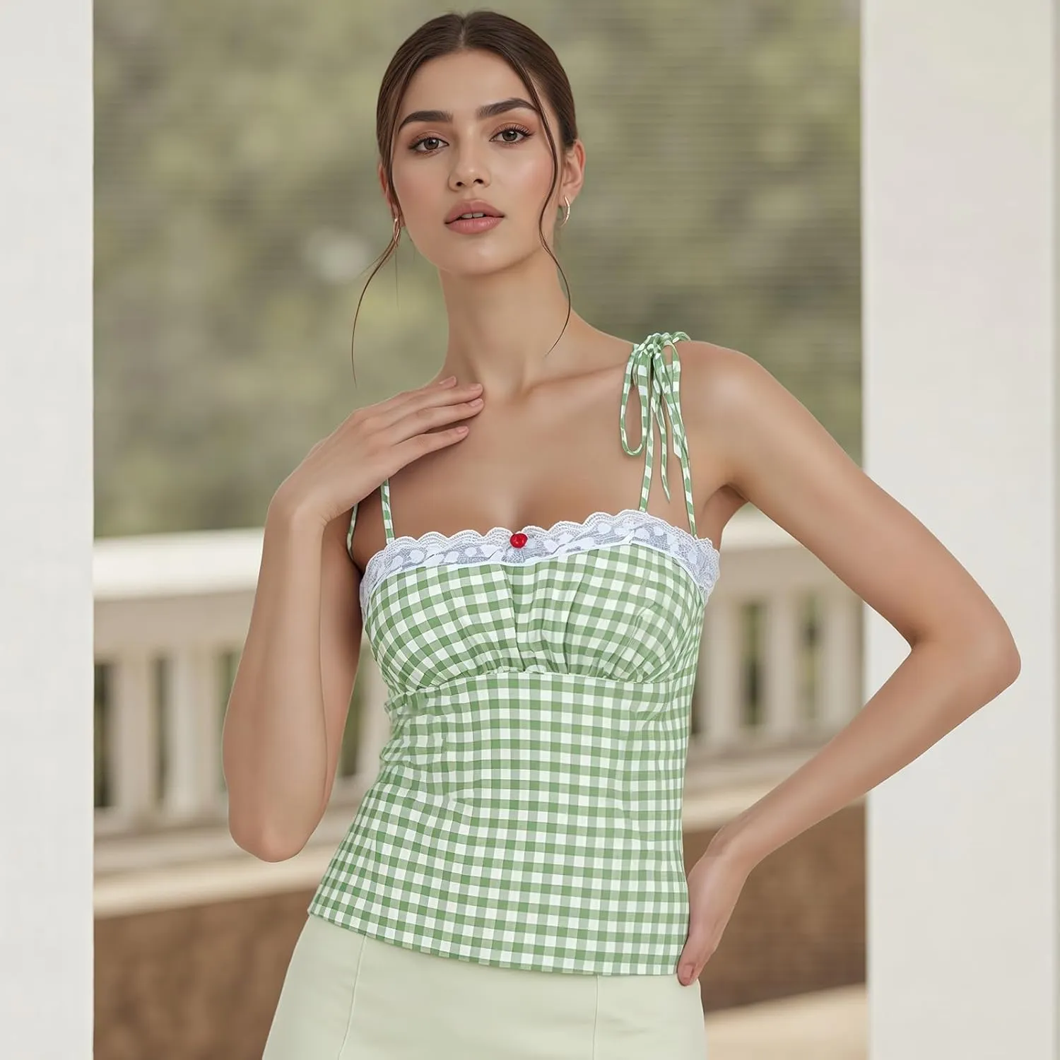 Women Y2k Plaid Tank Tops Tie Shoulder Lace Trim Cami Top Aesthetic Summer Going Out Camisoles