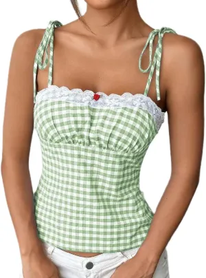 Women Y2k Plaid Tank Tops Tie Shoulder Lace Trim Cami Top Aesthetic Summer Going Out Camisoles