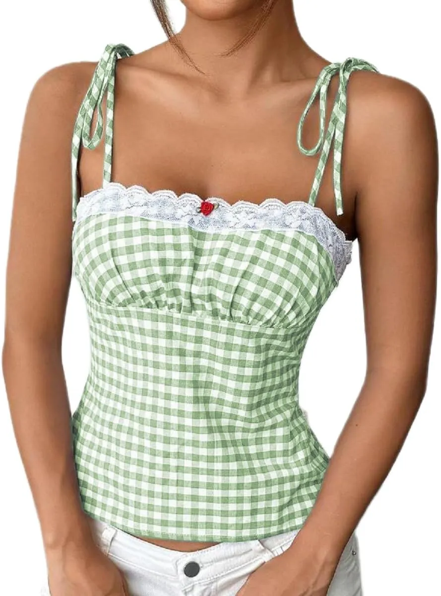 Women Y2k Plaid Tank Tops Tie Shoulder Lace Trim Cami Top Aesthetic Summer Going Out Camisoles