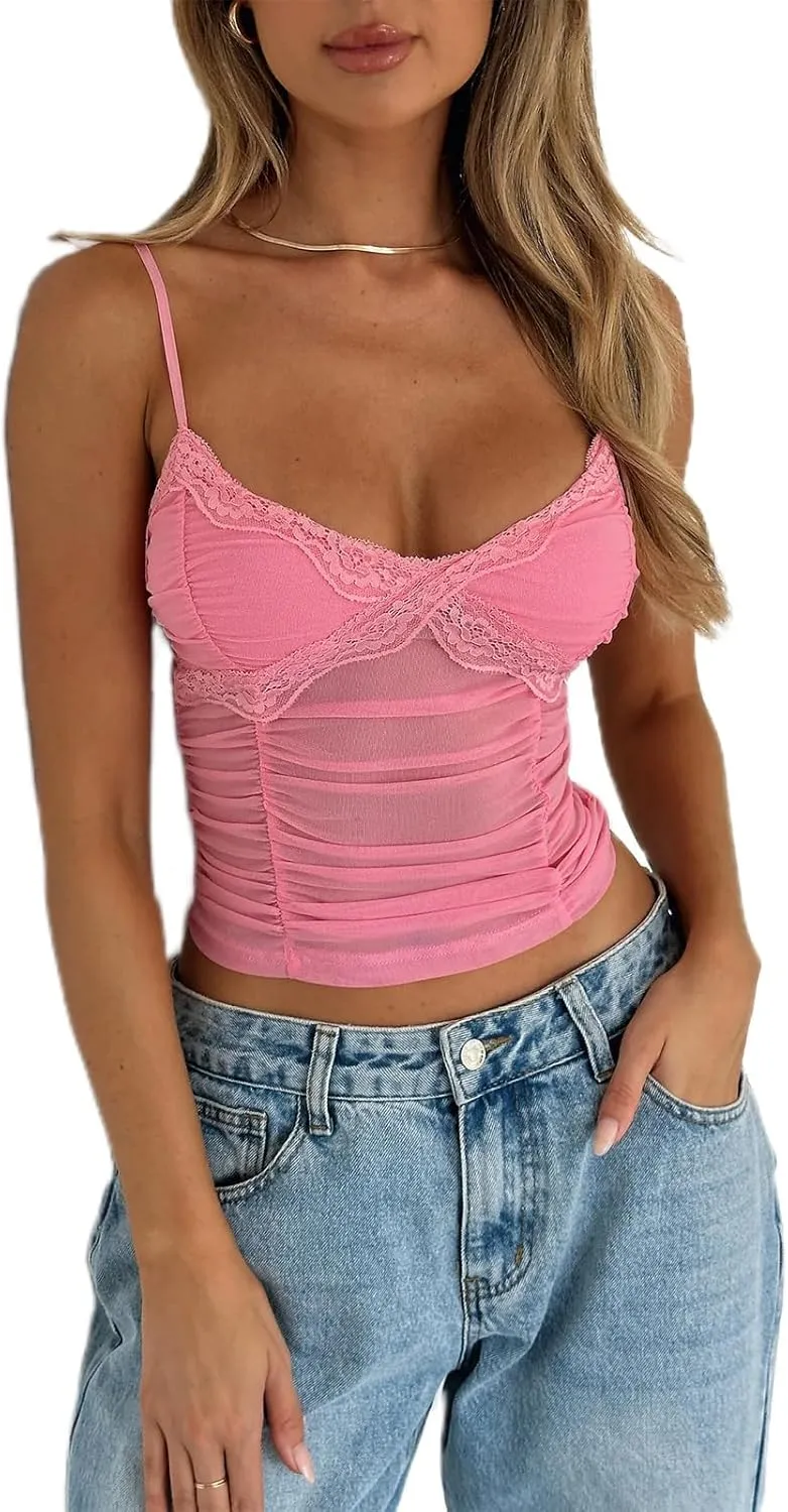 Women Y2k Sheer Lace Crop Tank Tops See Through Mesh Cami Sleeveless Spaghetti Strap Camisoles Going Out Bustier Top