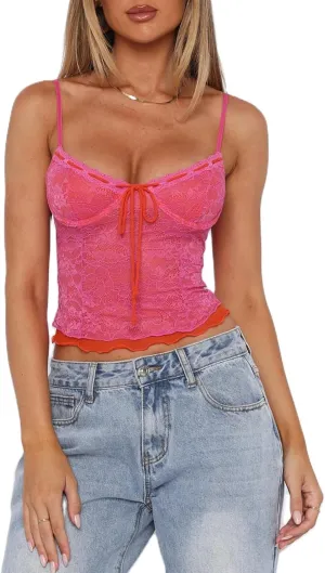 Women Y2k Sheer Lace Crop Tank Tops See Through Mesh Cami Sleeveless Spaghetti Strap Camisoles Going Out Bustier Top