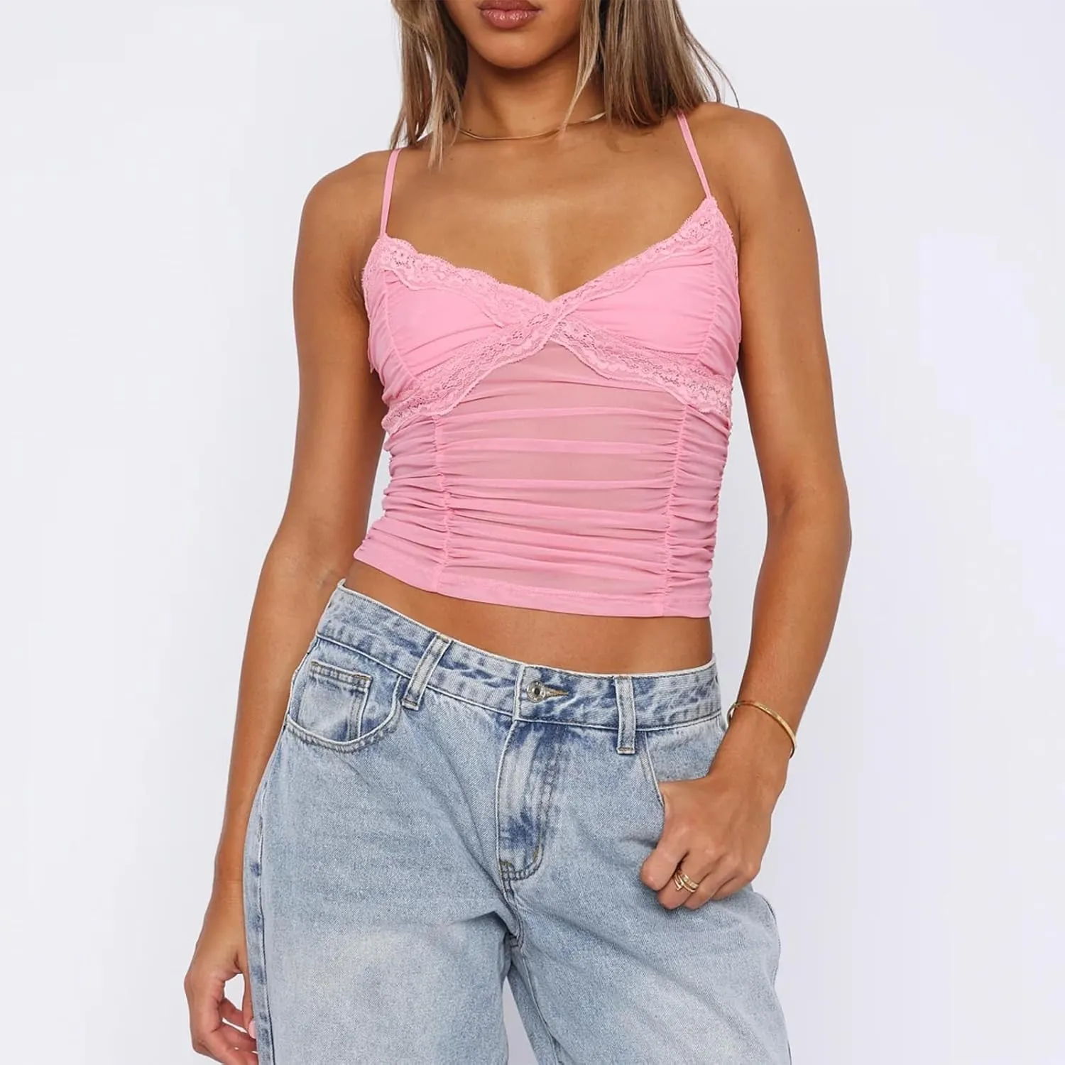 Women Y2k Sheer Lace Crop Tank Tops See Through Mesh Cami Sleeveless Spaghetti Strap Camisoles Going Out Bustier Top