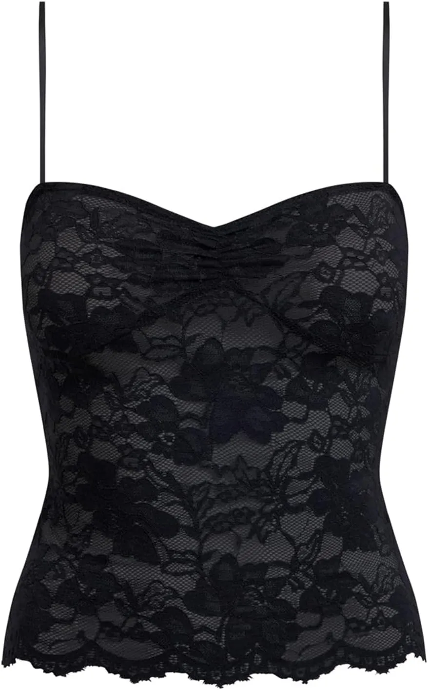Women Y2k Sheer Lace Crop Tank Tops See Through Mesh Cami Sleeveless Spaghetti Strap Camisoles Going Out Bustier Top