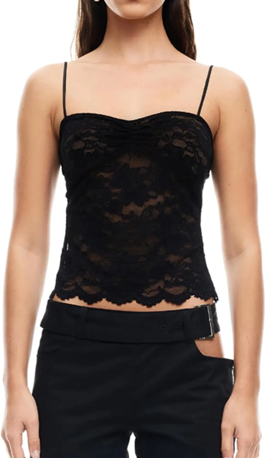 Women Y2k Sheer Lace Crop Tank Tops See Through Mesh Cami Sleeveless Spaghetti Strap Camisoles Going Out Bustier Top