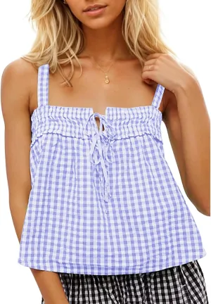 Women Y2K Tie Front Gingham Crop Tank Tops Square Neck Sleeveless Plaid Camisoles Summer Cute Backless Shirred Vest Shirt