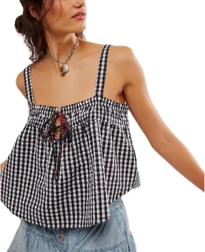Women Y2K Tie Front Gingham Crop Tank Tops Square Neck Sleeveless Plaid Camisoles Summer Cute Backless Shirred Vest Shirt