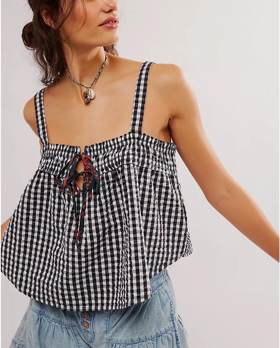 Women Y2K Tie Front Gingham Crop Tank Tops Square Neck Sleeveless Plaid Camisoles Summer Cute Backless Shirred Vest Shirt