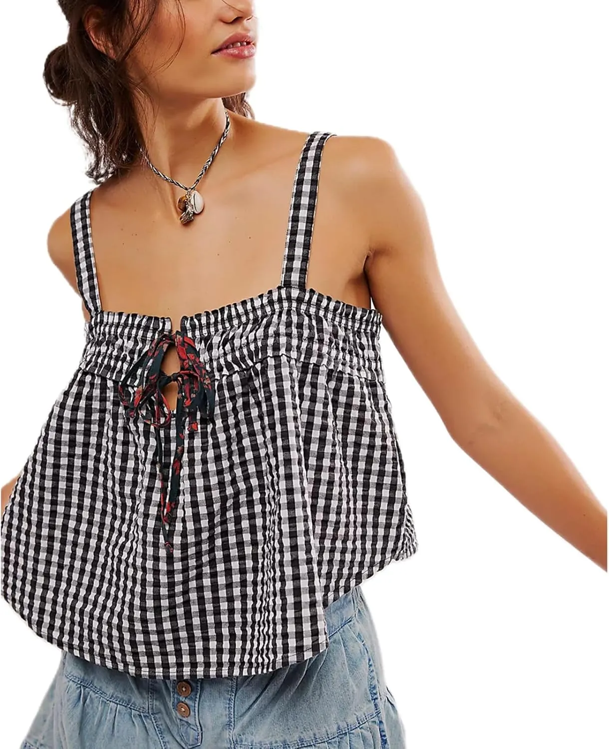 Women Y2K Tie Front Gingham Crop Tank Tops Square Neck Sleeveless Plaid Camisoles Summer Cute Backless Shirred Vest Shirt