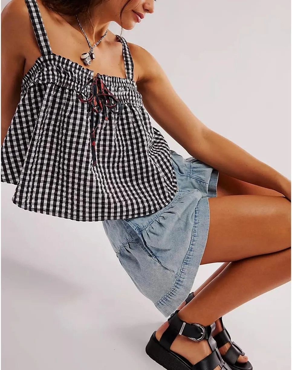 Women Y2K Tie Front Gingham Crop Tank Tops Square Neck Sleeveless Plaid Camisoles Summer Cute Backless Shirred Vest Shirt