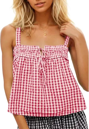Women Y2K Tie Front Gingham Crop Tank Tops Square Neck Sleeveless Plaid Camisoles Summer Cute Backless Shirred Vest Shirt