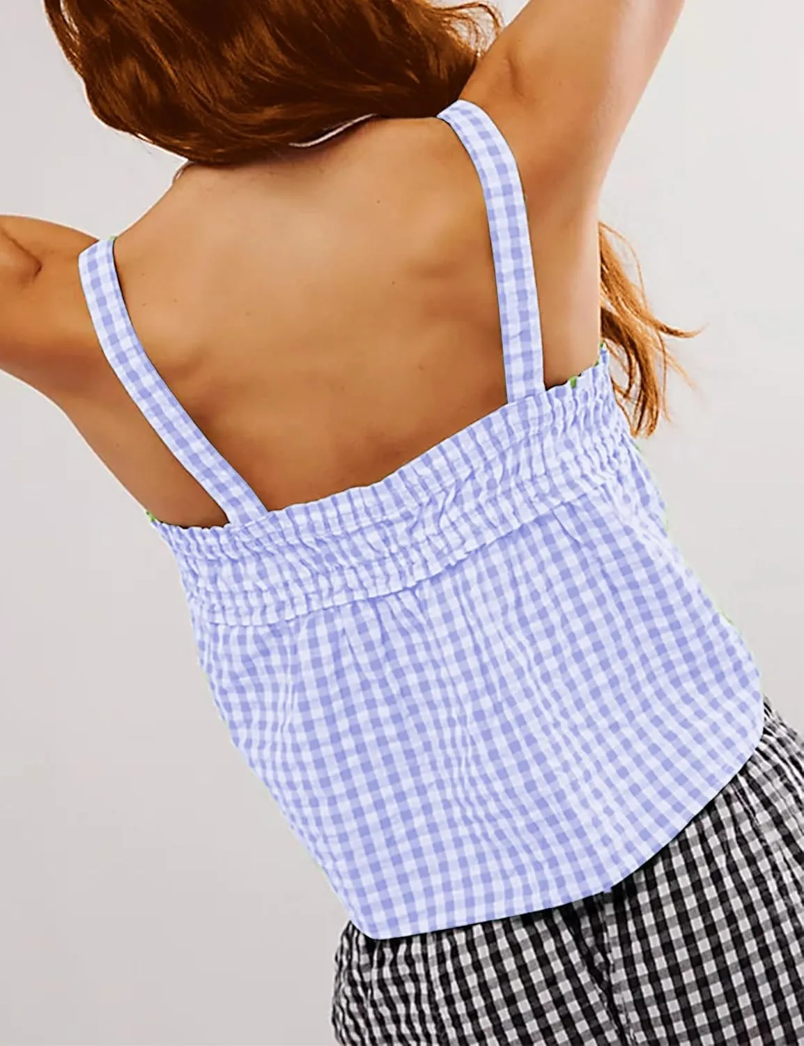 Women Y2K Tie Front Gingham Crop Tank Tops Square Neck Sleeveless Plaid Camisoles Summer Cute Backless Shirred Vest Shirt
