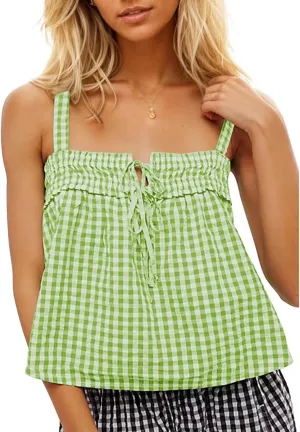 Women Y2K Tie Front Gingham Crop Tank Tops Square Neck Sleeveless Plaid Camisoles Summer Cute Backless Shirred Vest Shirt