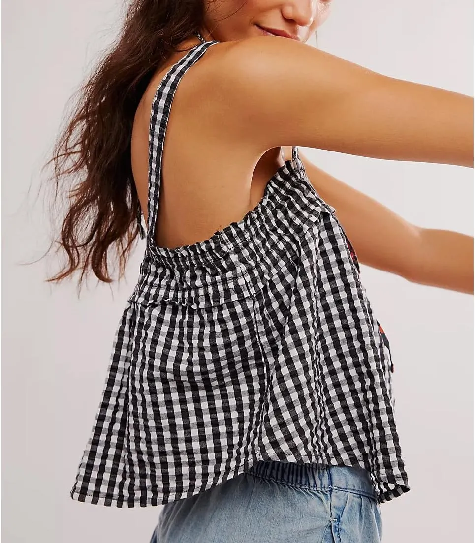 Women Y2K Tie Front Gingham Crop Tank Tops Square Neck Sleeveless Plaid Camisoles Summer Cute Backless Shirred Vest Shirt