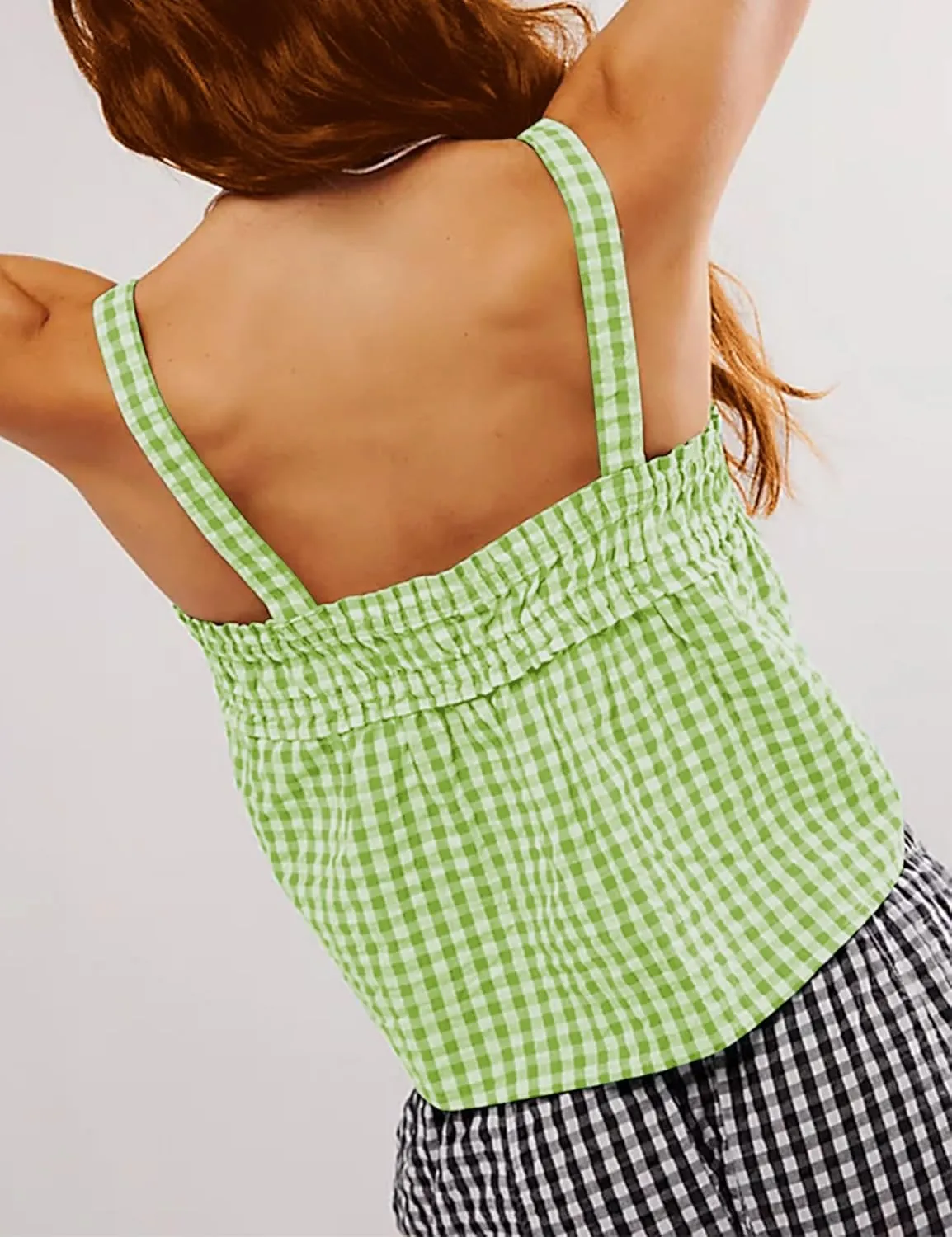 Women Y2K Tie Front Gingham Crop Tank Tops Square Neck Sleeveless Plaid Camisoles Summer Cute Backless Shirred Vest Shirt