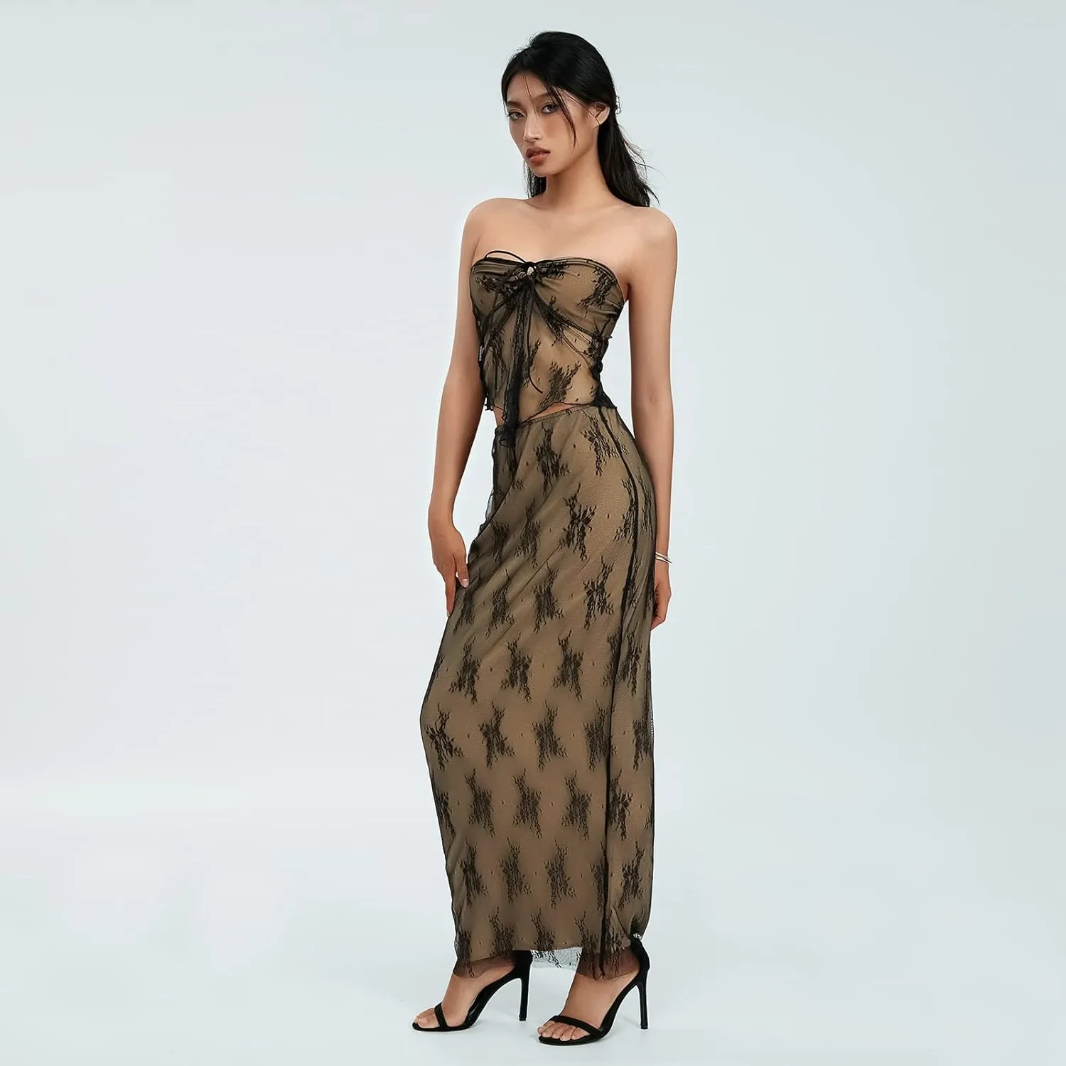 Womens 2 Piece Summer Outfits Strapless Drawstring Lace Tube Tops   Long Skirt Set