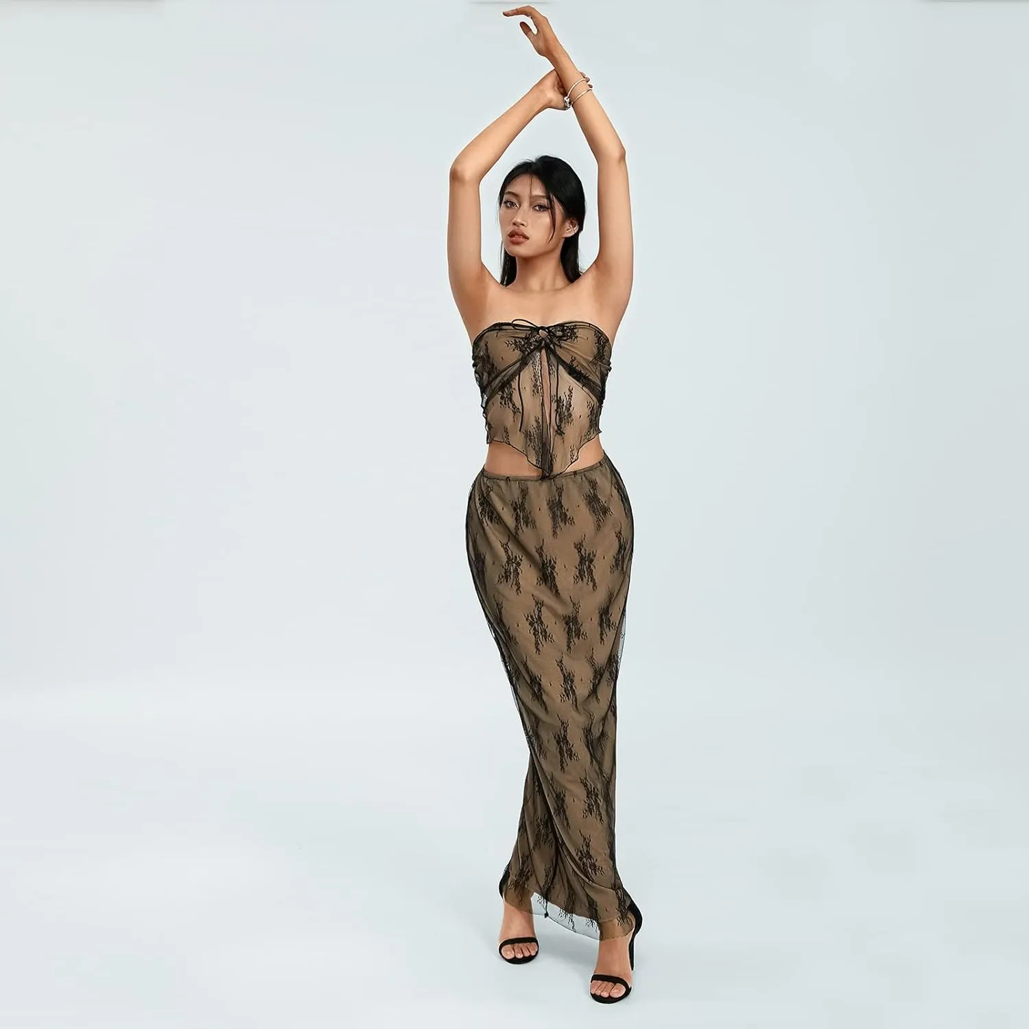 Womens 2 Piece Summer Outfits Strapless Drawstring Lace Tube Tops   Long Skirt Set