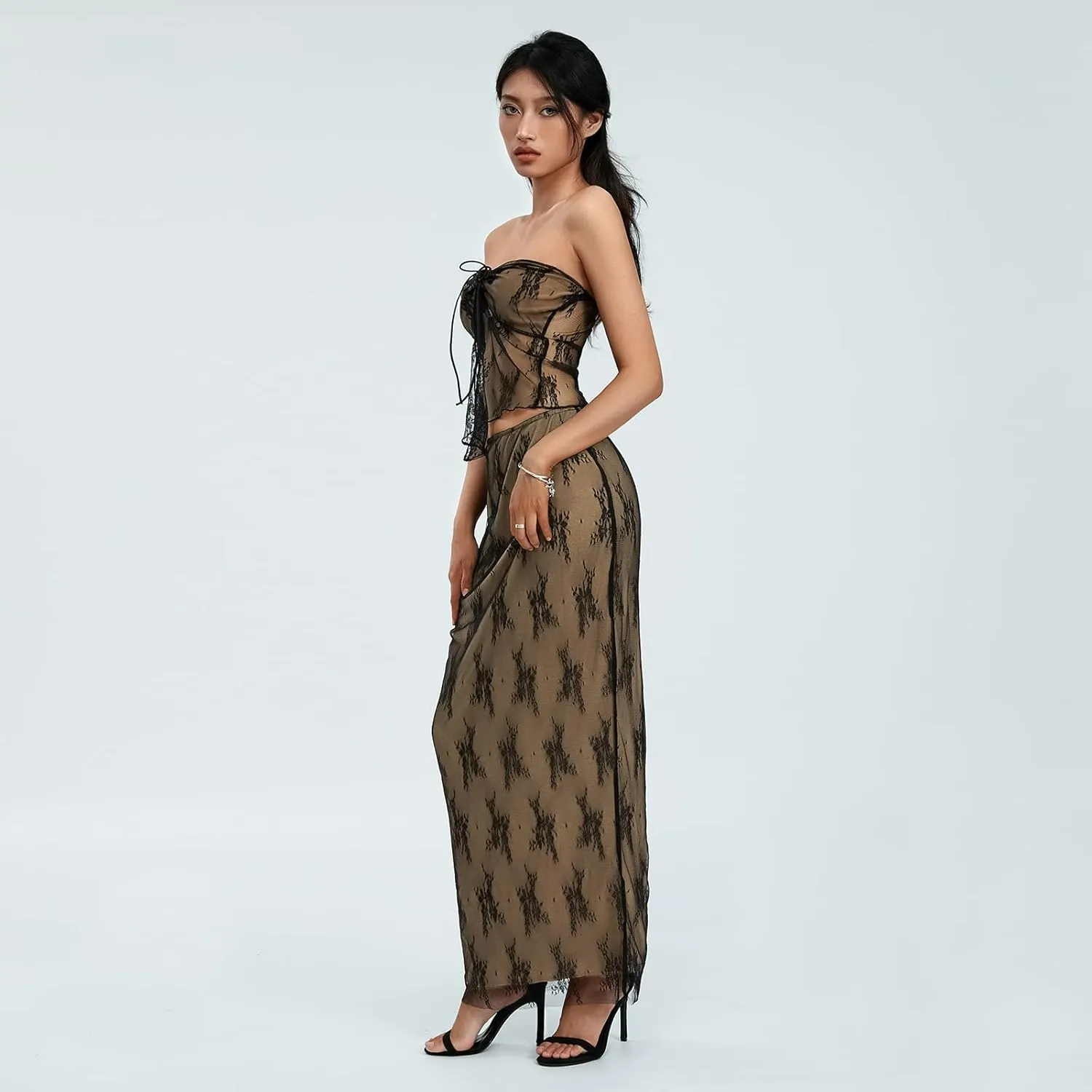 Womens 2 Piece Summer Outfits Strapless Drawstring Lace Tube Tops   Long Skirt Set