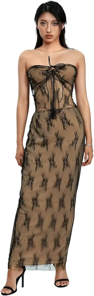Womens 2 Piece Summer Outfits Strapless Drawstring Lace Tube Tops   Long Skirt Set