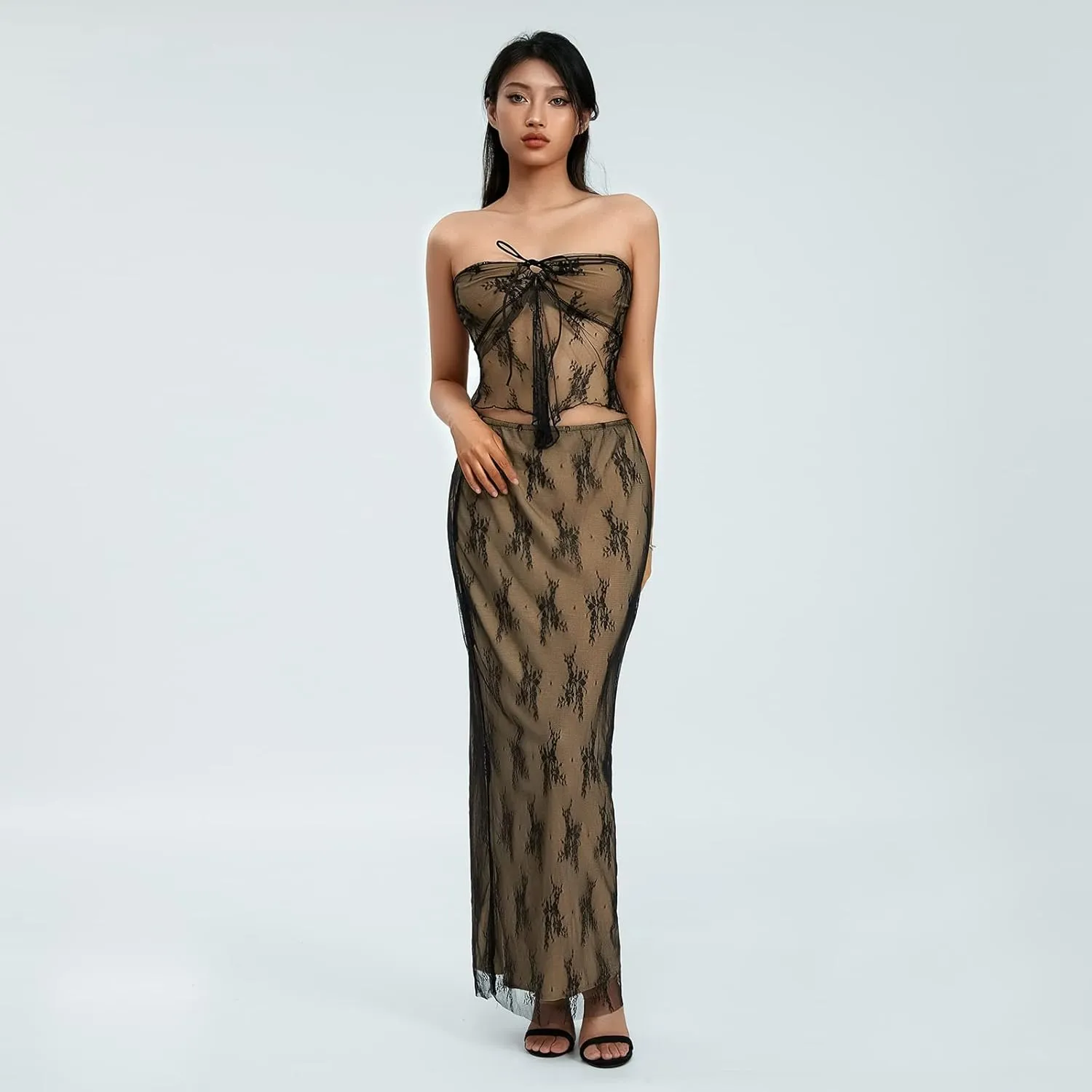 Womens 2 Piece Summer Outfits Strapless Drawstring Lace Tube Tops   Long Skirt Set