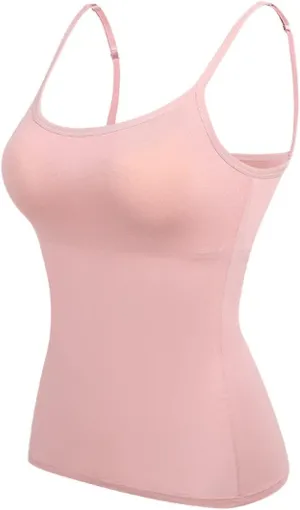 Womens Basic Camisole Spaghetti Strap Tank Top with Built in Padded Bra