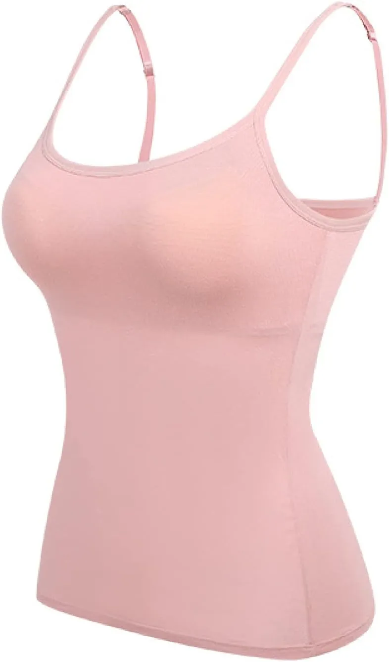 Womens Basic Camisole Spaghetti Strap Tank Top with Built in Padded Bra