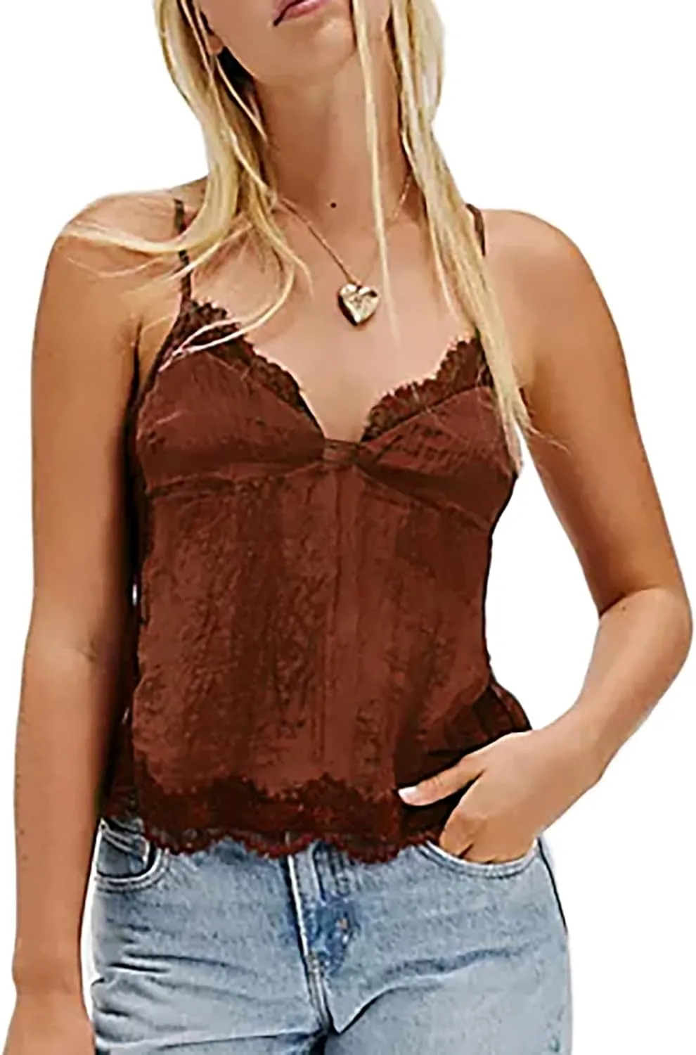 Women's Camisole Tank Tops Spaghetti Strap Deep V Neck Open Back Going Out Sleeveless Lace Crop Tops Streetwear