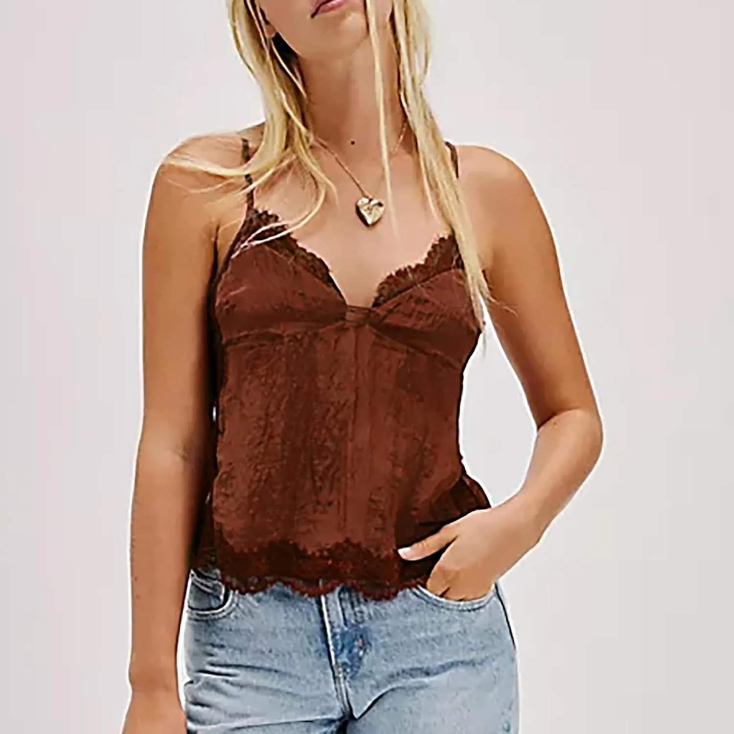 Women's Camisole Tank Tops Spaghetti Strap Deep V Neck Open Back Going Out Sleeveless Lace Crop Tops Streetwear