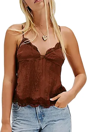 Women's Camisole Tank Tops Spaghetti Strap Deep V Neck Open Back Going Out Sleeveless Lace Crop Tops Streetwear