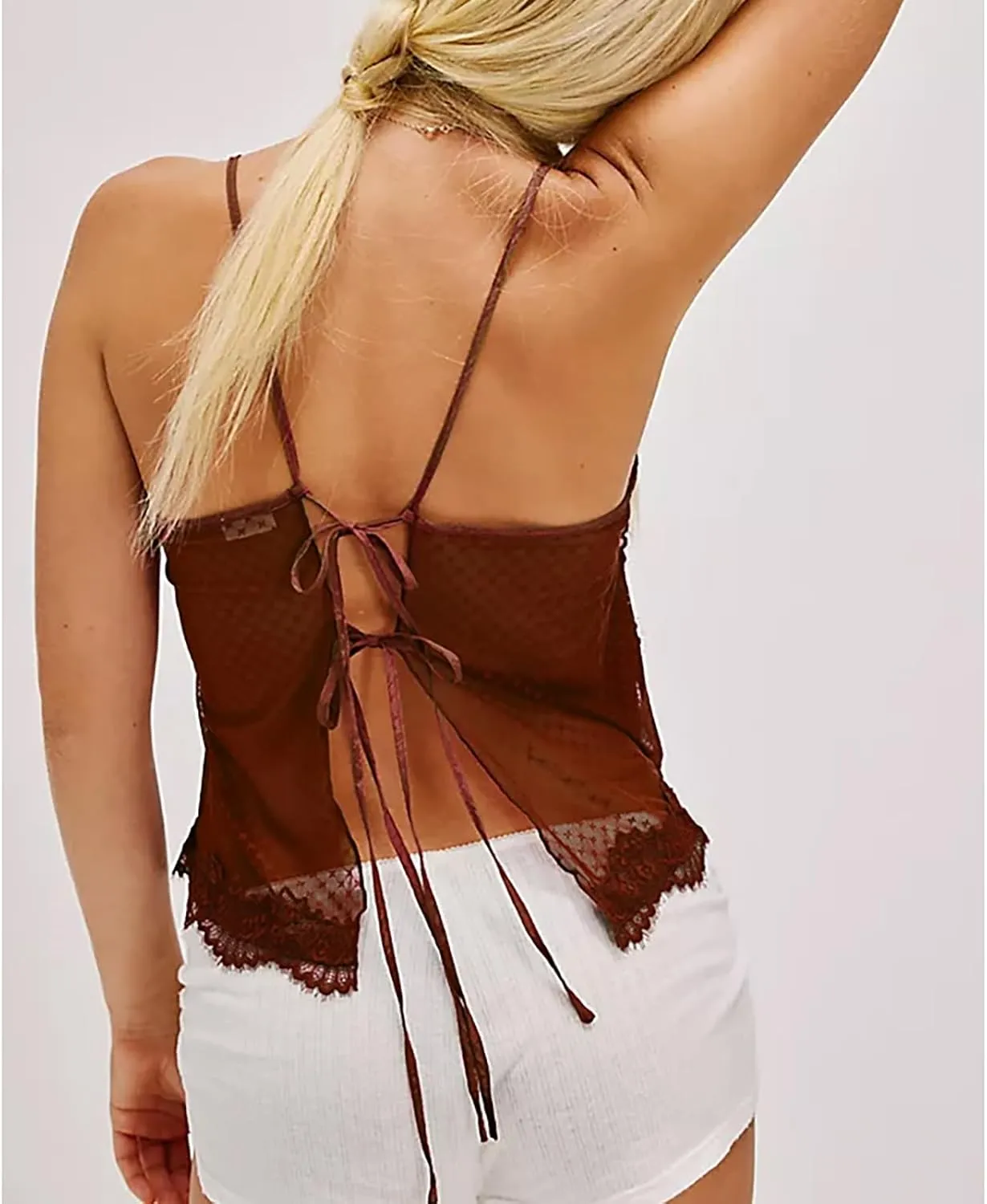 Women's Camisole Tank Tops Spaghetti Strap Deep V Neck Open Back Going Out Sleeveless Lace Crop Tops Streetwear