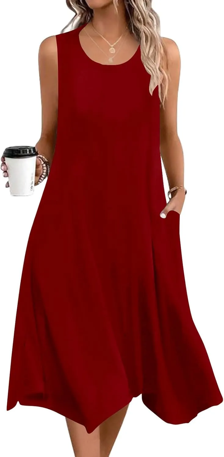 Women's Casual Dress for Summer Tank Dress Loose Flowy Beach Dress with Pockets Asymmetrical Hem Midi Sundress 2025