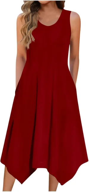Women's Casual Dress for Summer Tank Dress Loose Flowy Beach Dress with Pockets Asymmetrical Hem Midi Sundress 2025