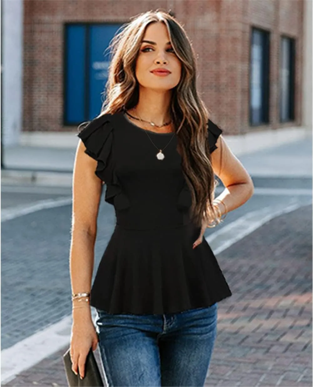 Women's Elegant Sleeveless Peplum Tops Summer Crewneck/Spaghetti Straps Cami Shirts S-3XL