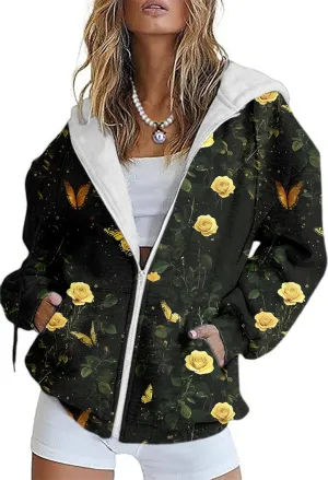 Women's Floral Print Hoodie Zip Up Long Sleeve Hoodies Women Oversized Fashion Jackets Zipper Coat with Pocket