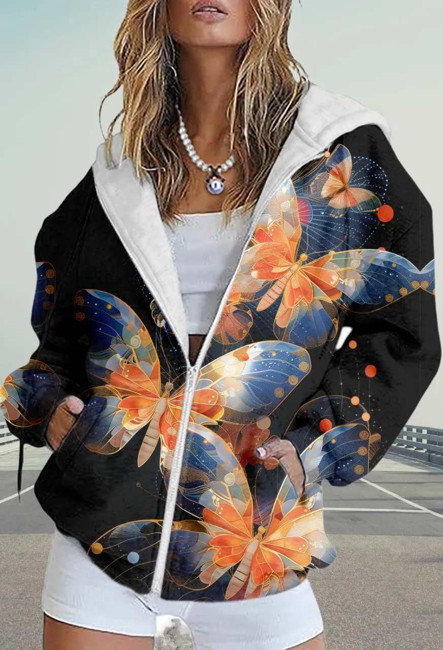 Women's Floral Print Hoodie Zip Up Long Sleeve Hoodies Women Oversized Fashion Jackets Zipper Coat with Pocket