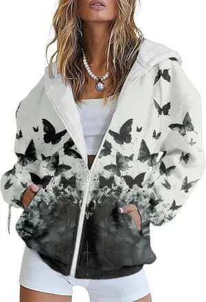 Women's Floral Print Hoodie Zip Up Long Sleeve Hoodies Women Oversized Fashion Jackets Zipper Coat with Pocket