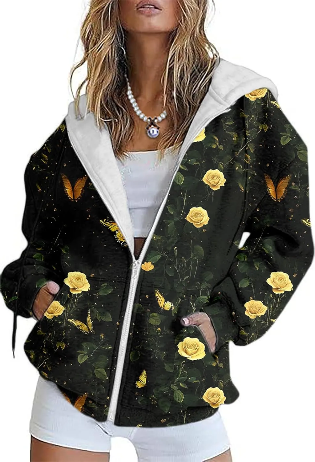 Women's Floral Print Hoodie Zip Up Long Sleeve Hoodies Women Oversized Fashion Jackets Zipper Coat with Pocket