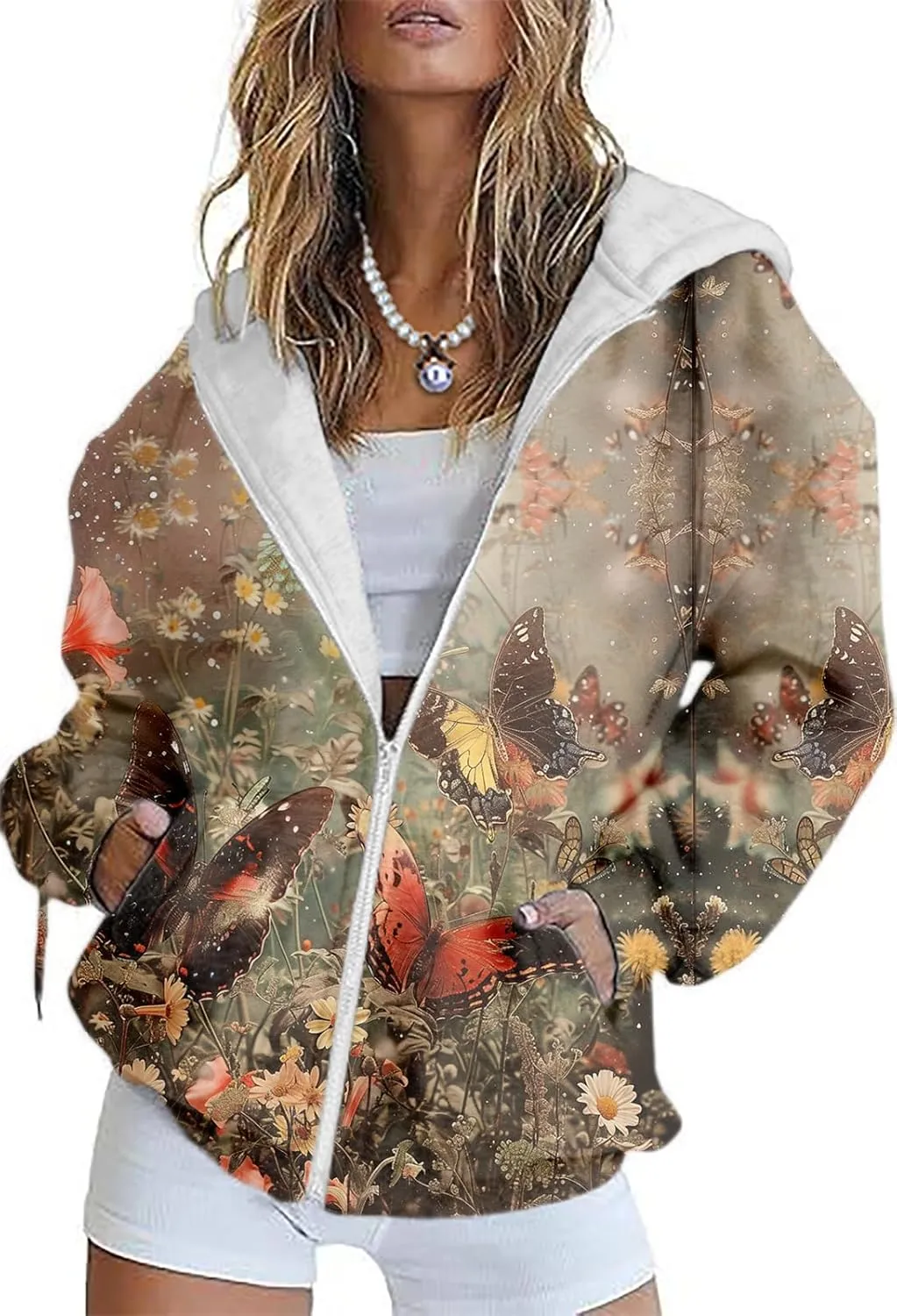 Women's Floral Print Hoodie Zip Up Long Sleeve Hoodies Women Oversized Fashion Jackets Zipper Coat with Pocket