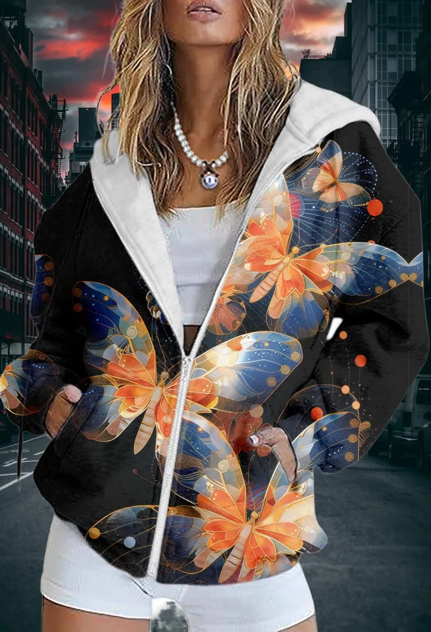 Women's Floral Print Hoodie Zip Up Long Sleeve Hoodies Women Oversized Fashion Jackets Zipper Coat with Pocket