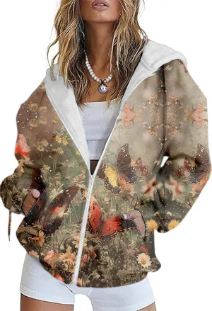 Women's Floral Print Hoodie Zip Up Long Sleeve Hoodies Women Oversized Fashion Jackets Zipper Coat with Pocket