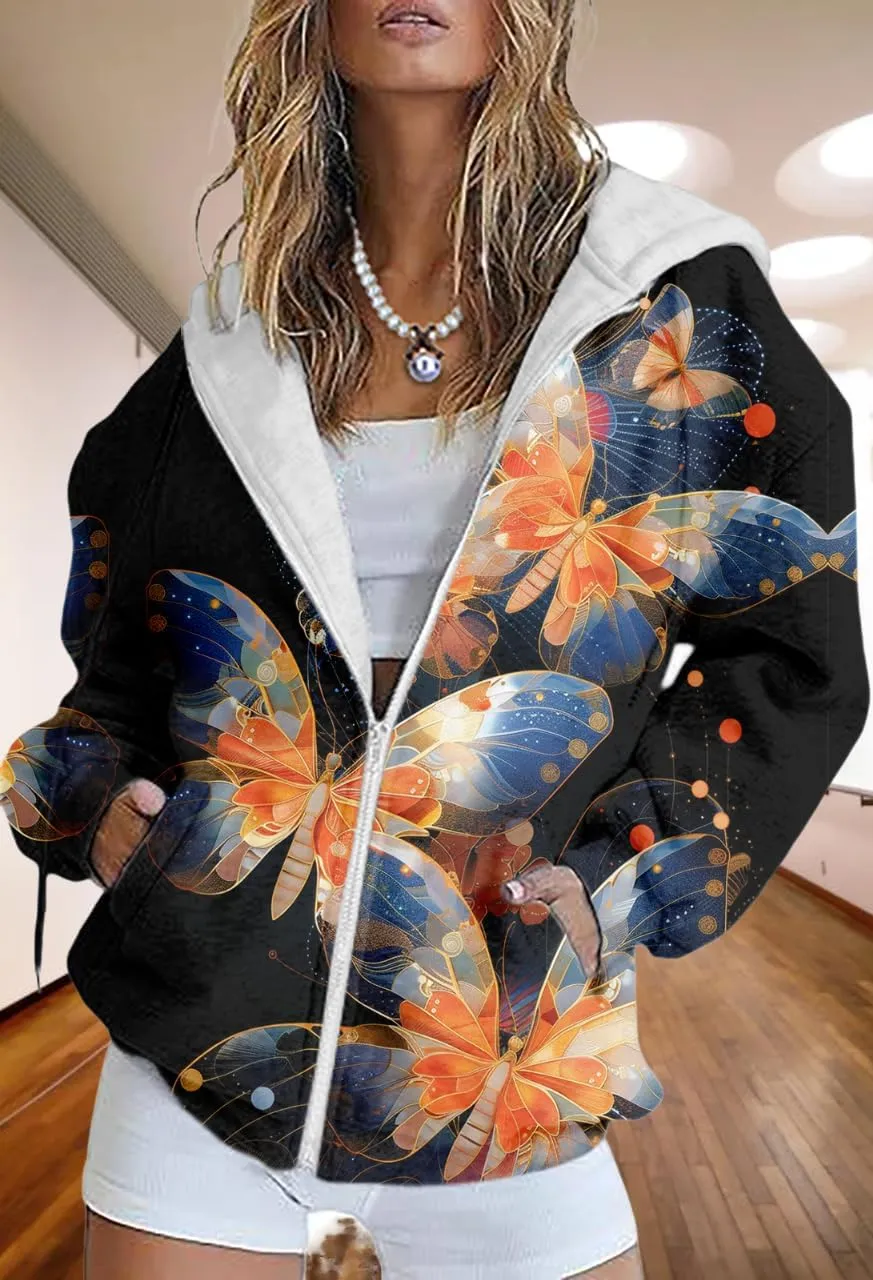 Women's Floral Print Hoodie Zip Up Long Sleeve Hoodies Women Oversized Fashion Jackets Zipper Coat with Pocket