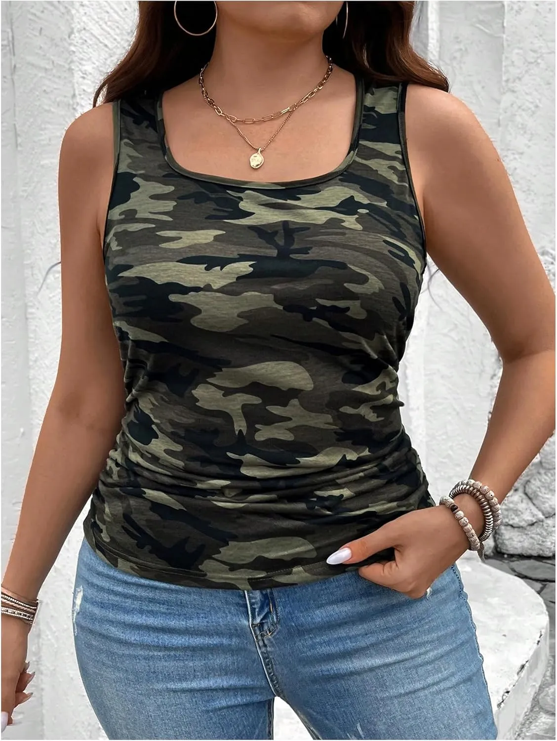 Women's Plus Size Camo Tank Tops Square Neck Slim Fit Summer Sleeveless Shirts
