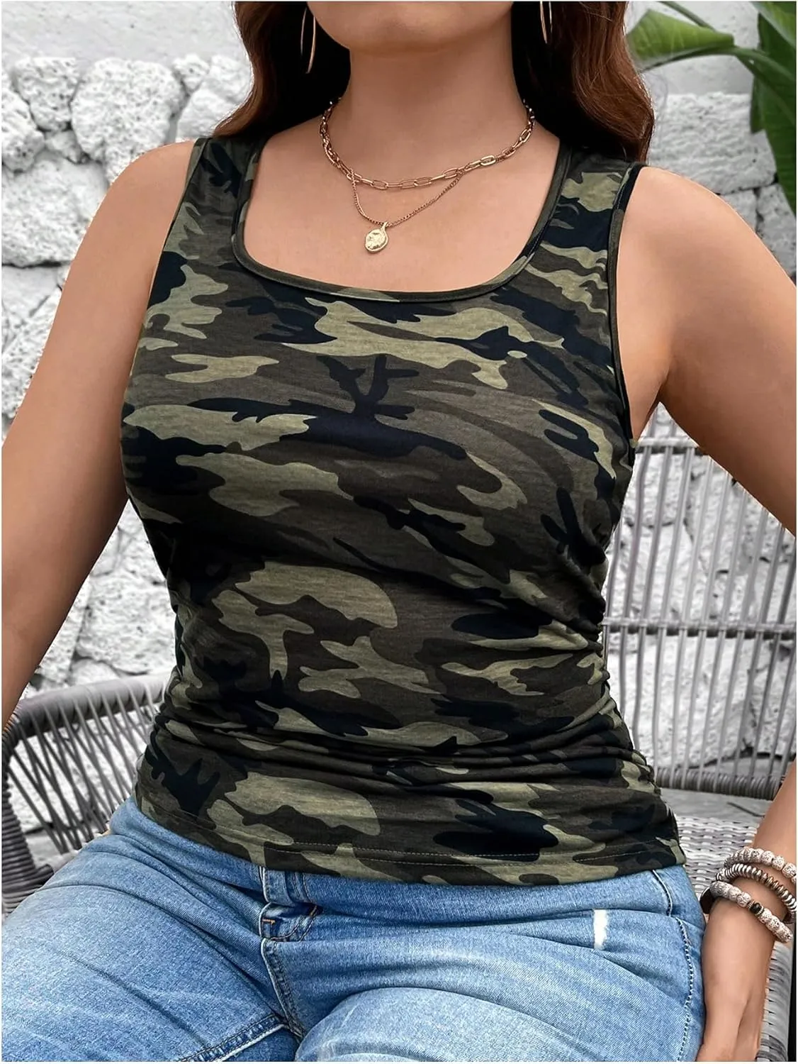 Women's Plus Size Camo Tank Tops Square Neck Slim Fit Summer Sleeveless Shirts