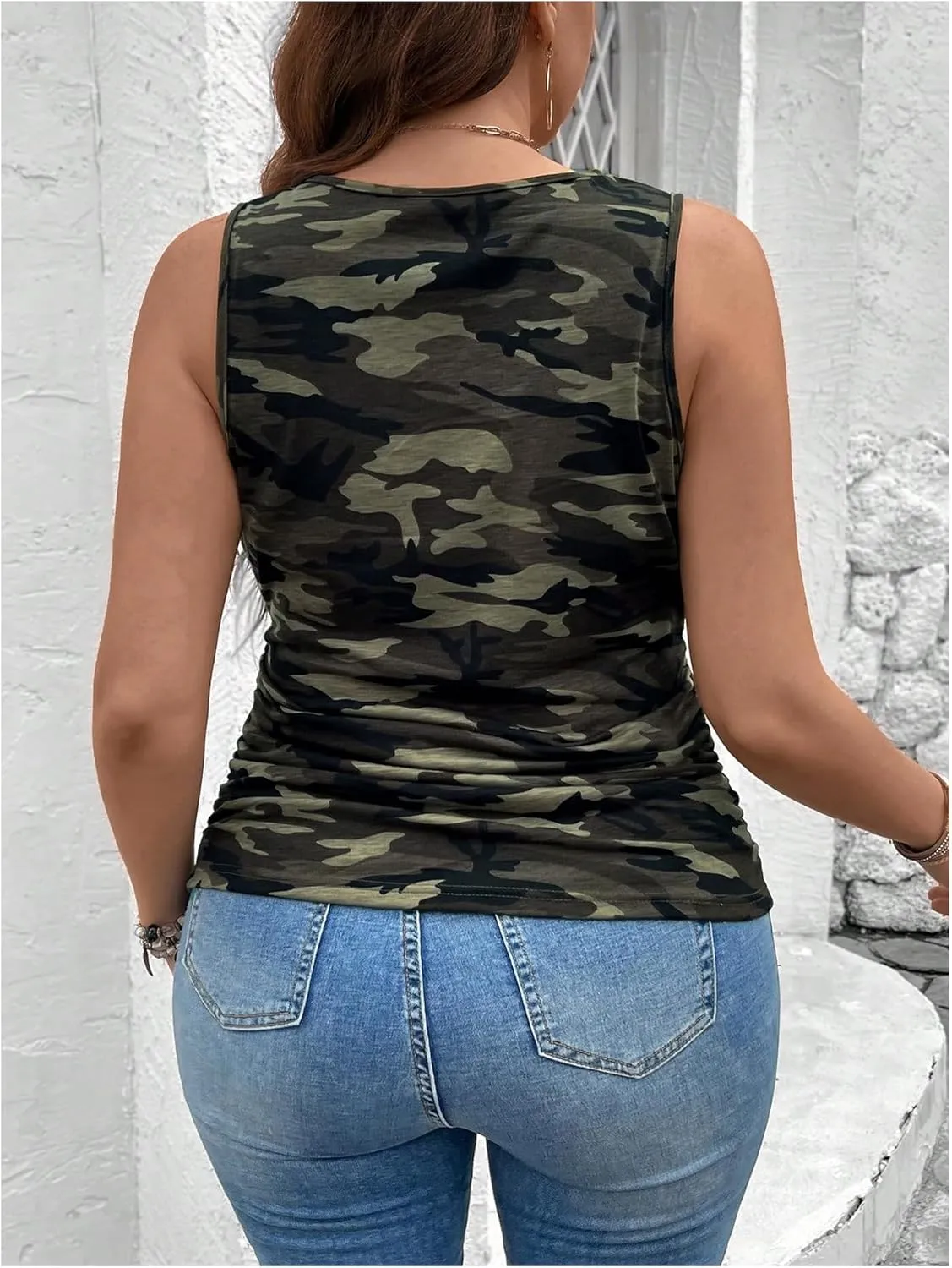 Women's Plus Size Camo Tank Tops Square Neck Slim Fit Summer Sleeveless Shirts