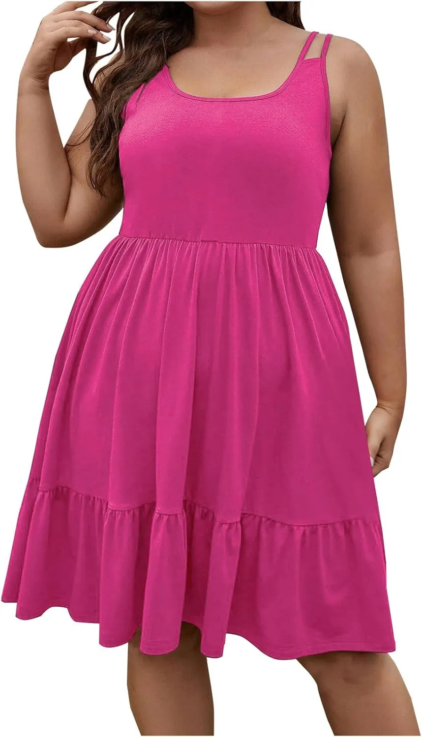Women's Plus Size Tshirt Dresses Casual Crewneck Sleeveless Summer Ruffle Hem Mini Dress Loose Beach A Line Sundress