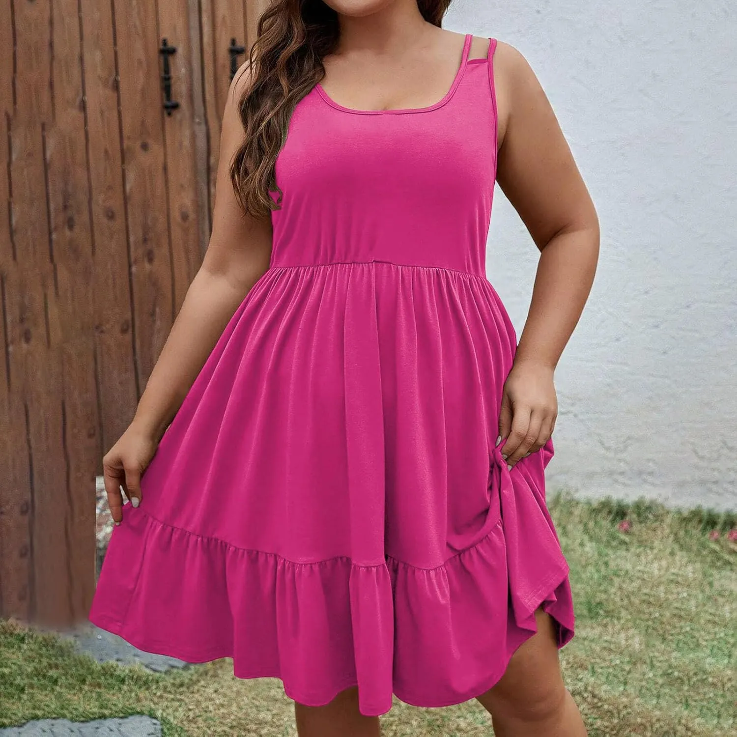 Women's Plus Size Tshirt Dresses Casual Crewneck Sleeveless Summer Ruffle Hem Mini Dress Loose Beach A Line Sundress