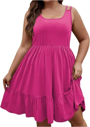 Women's Plus Size Tshirt Dresses Casual Crewneck Sleeveless Summer Ruffle Hem Mini Dress Loose Beach A Line Sundress