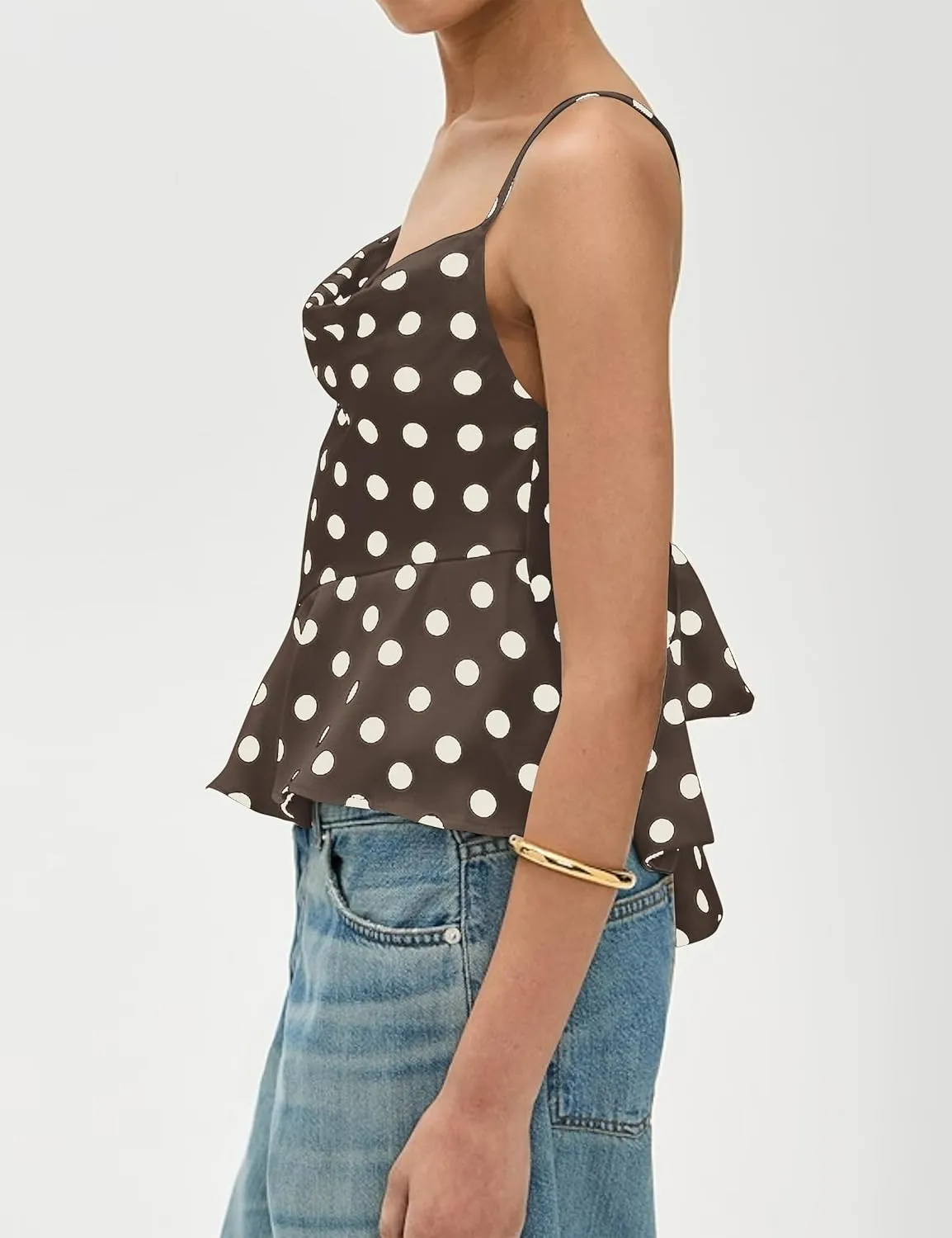 Womens Polka Dot Satin Tank Tops Cowl Neck Tie Back Sleeveless Shirts Asymmetrical Ruffle Hem Camisole Crop Tops